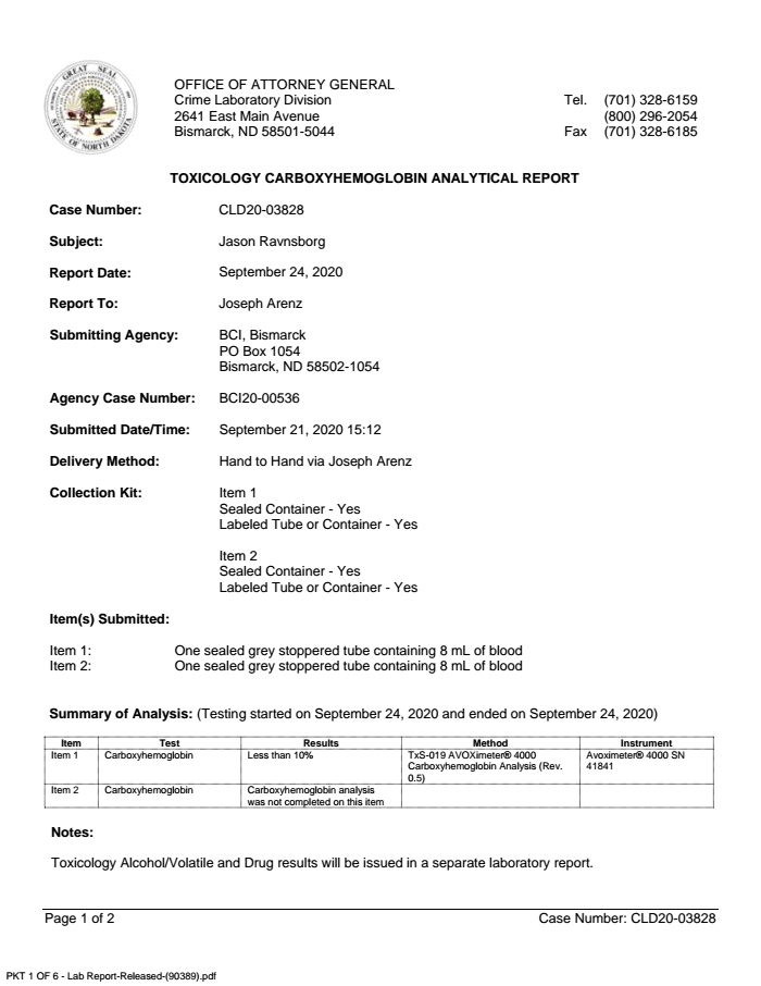 Page 1 of Ravnsborg Toxicology Report 1